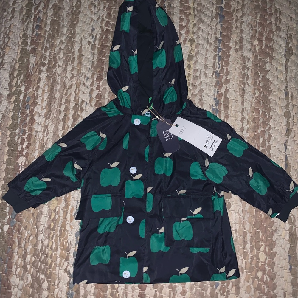 Kids' Black Raincoat with Green Apple Print